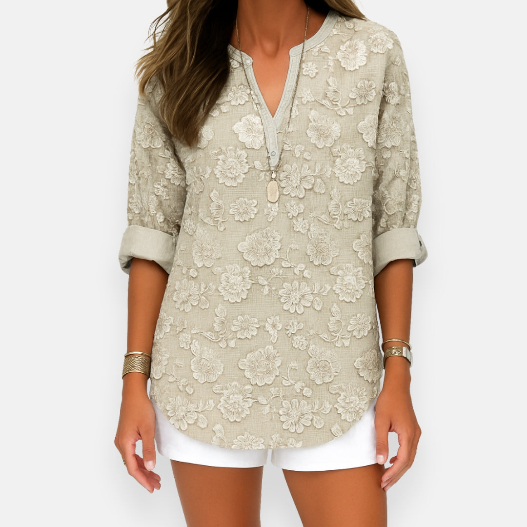 Imogen textured floral jacquard blouse in sand beige, front view with rolled sleeves