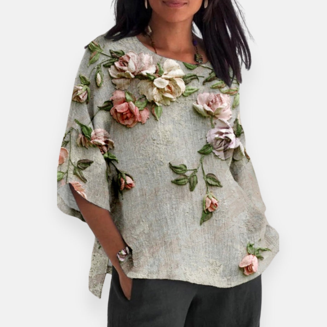 Violet 3D floral textured blouse in grey-green with pink roses, front view