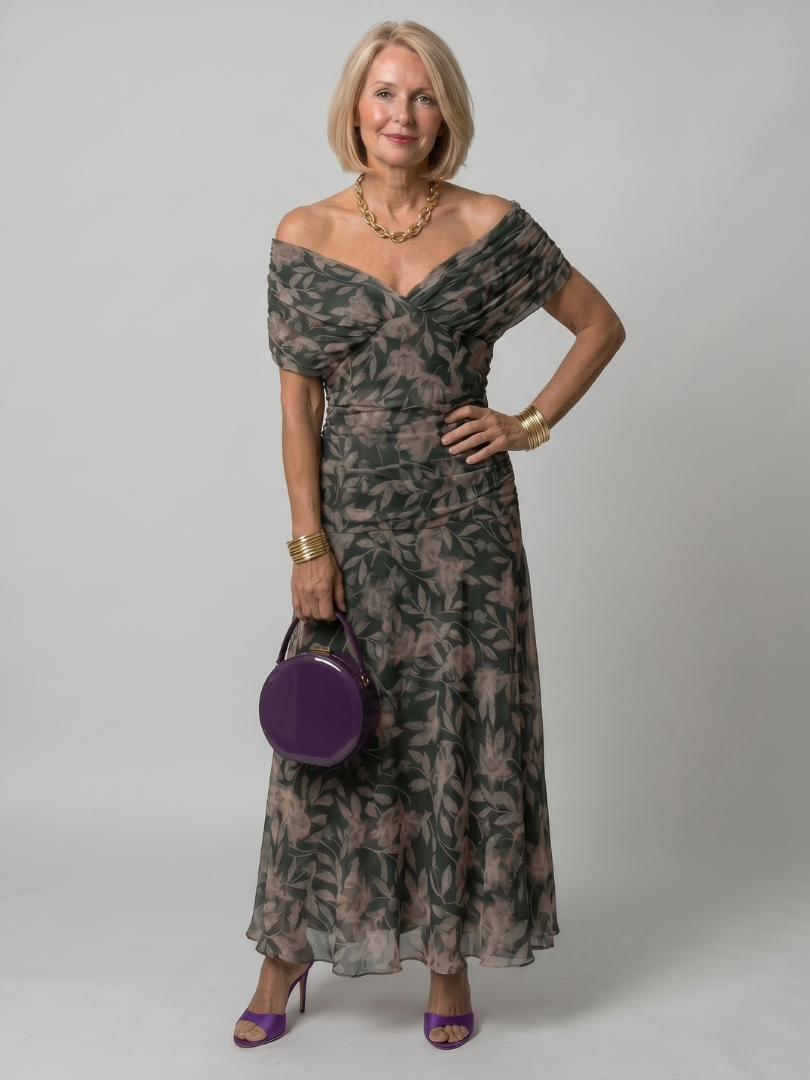 Calen off shoulder midi dress in dark green floral, front view
