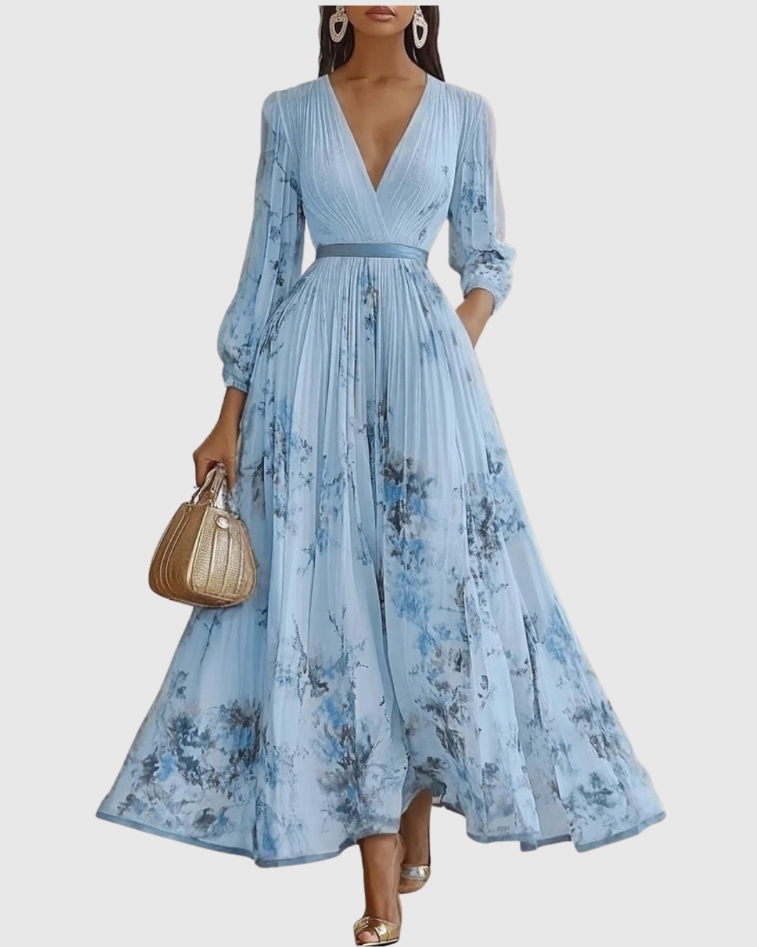 Rowella pleated maxi dress in blue, front view with flared skirt