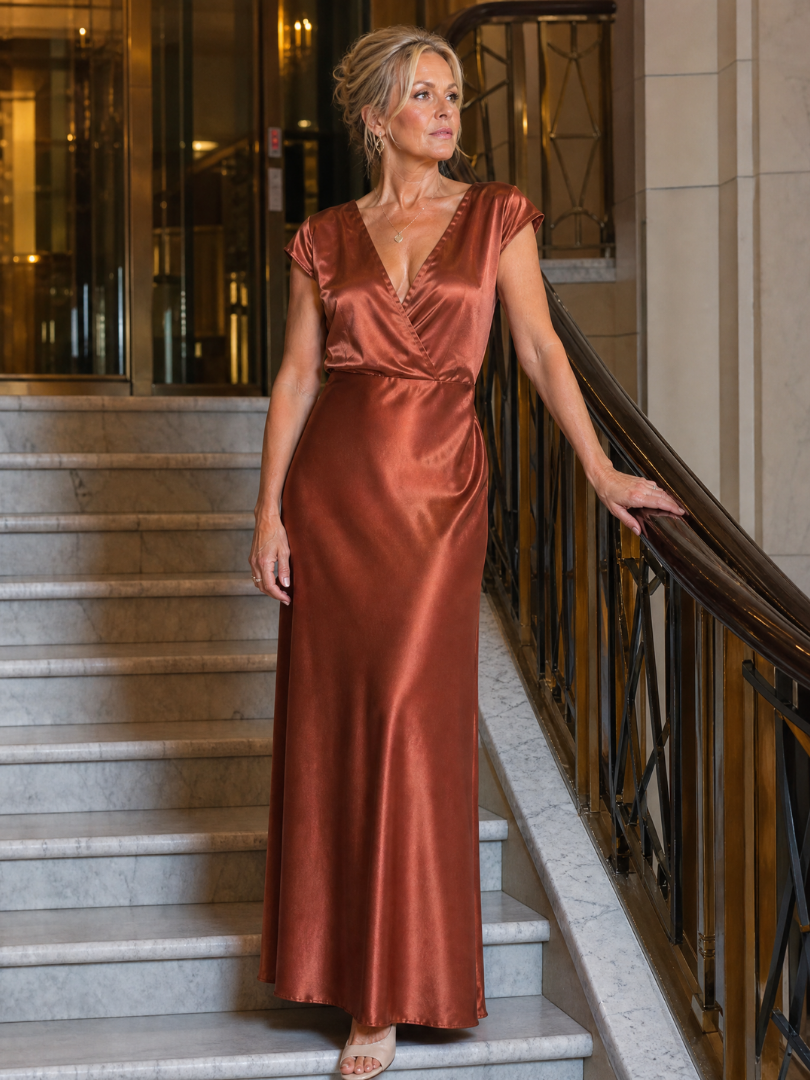 Samouse maxi dress in brown worn on a marble staircase