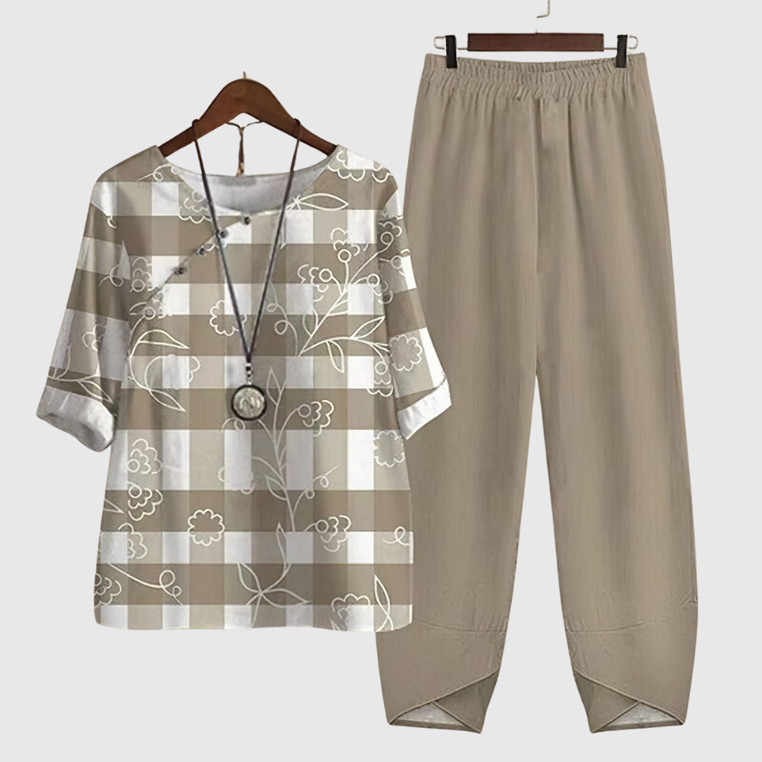 Clarisse two-piece set in khaki check with floral outlines