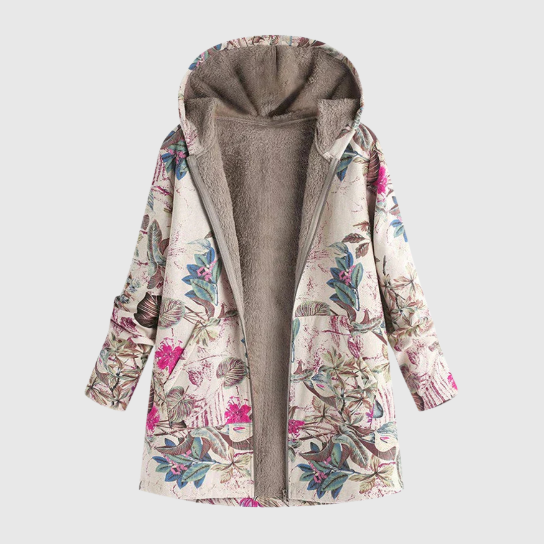 Willow warm hooded jacket in cream floral print, front view