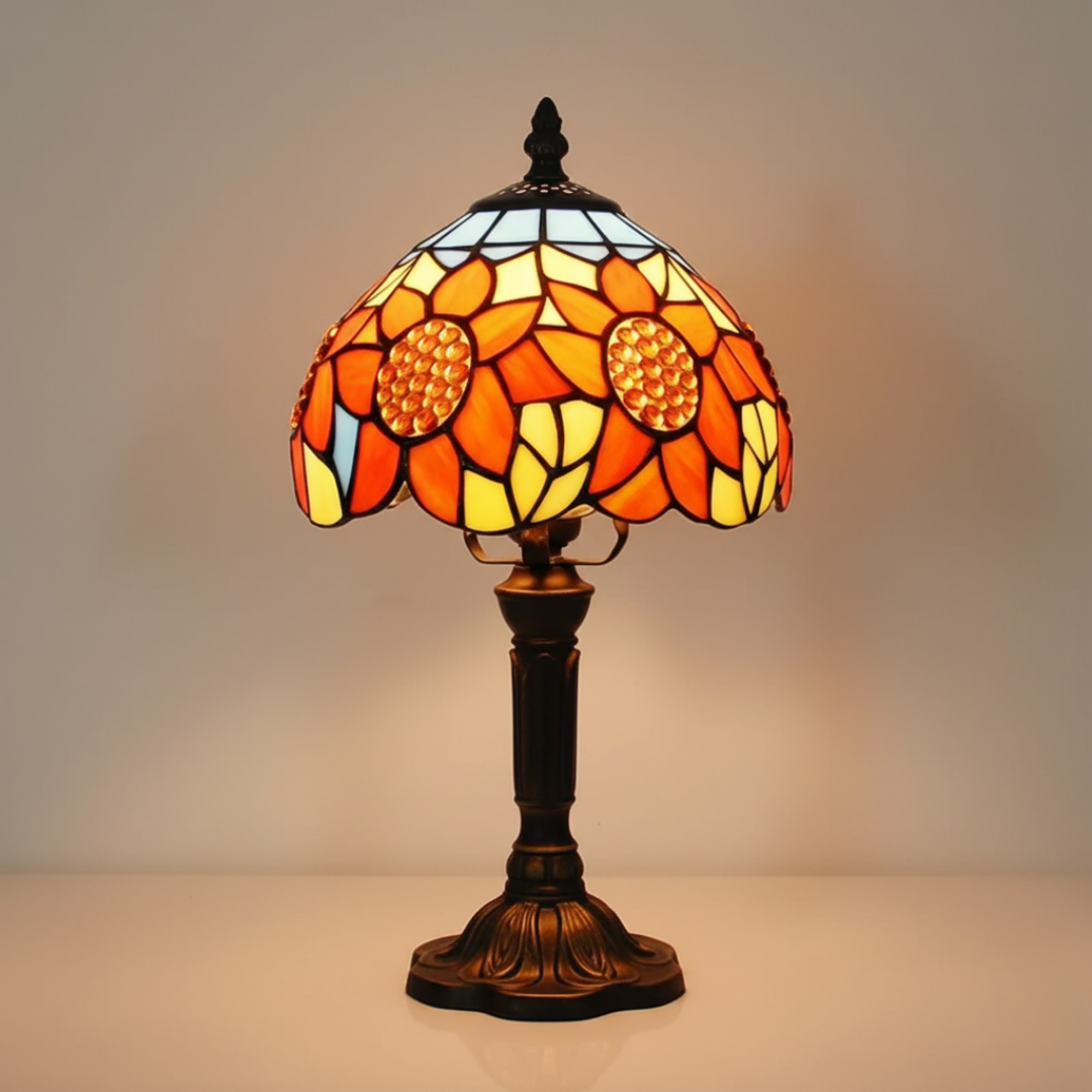 Sunflowers stained-glass table lamp with orange petal shade and bronze base