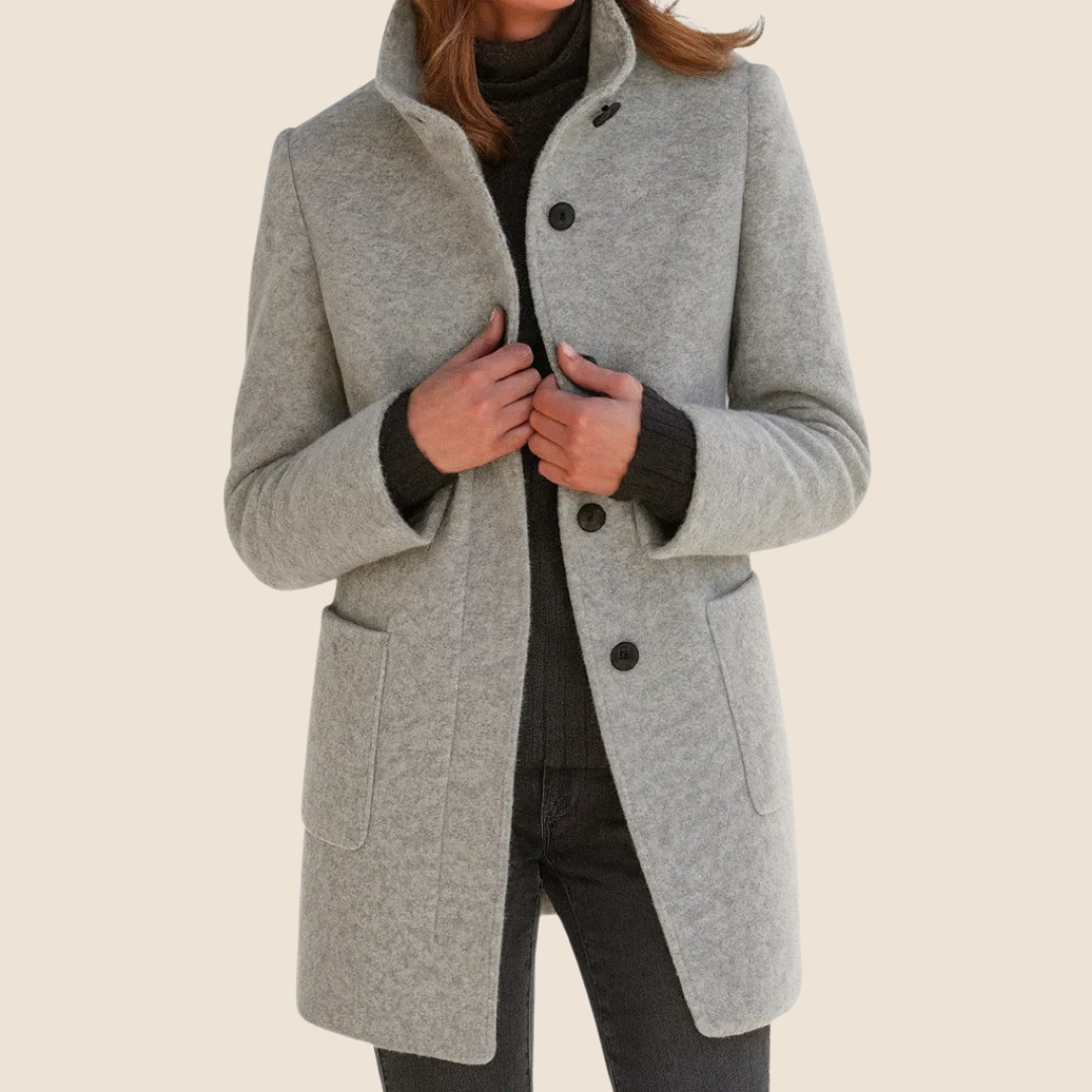 Eleonora midi-length coat in grey, front view worn open over a dark jumper