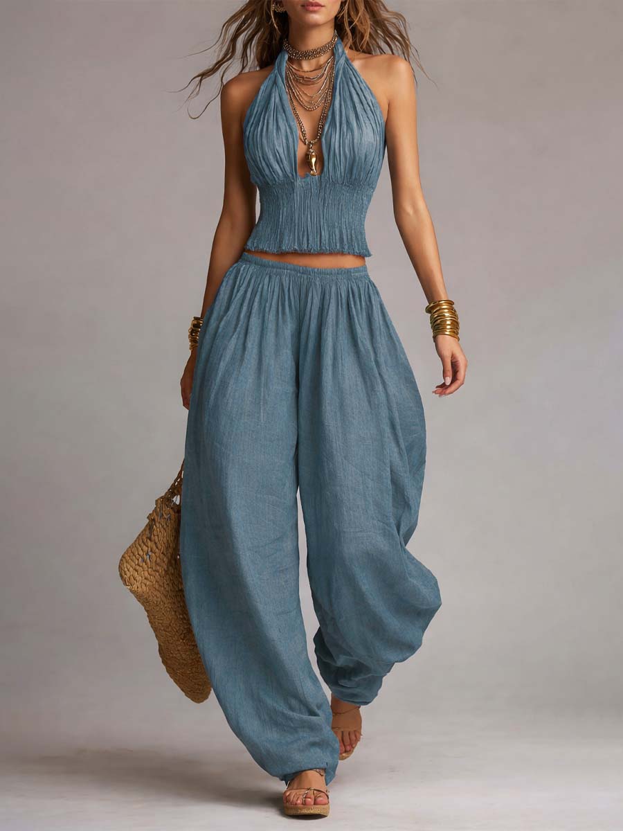 Danna two-piece set in grey blue, full front view