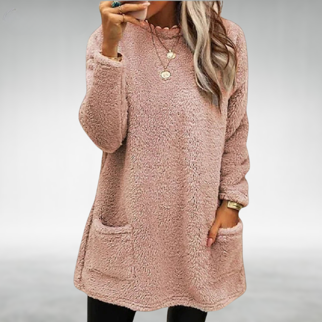 Odeline everyday pullover in pink, front view with patch pockets