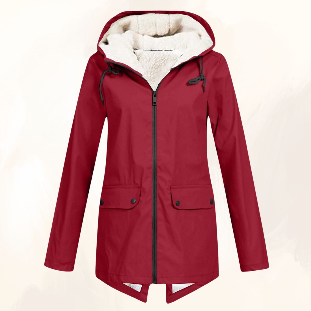 Evelynne winter fur jacket in red, front view with hood drawcords