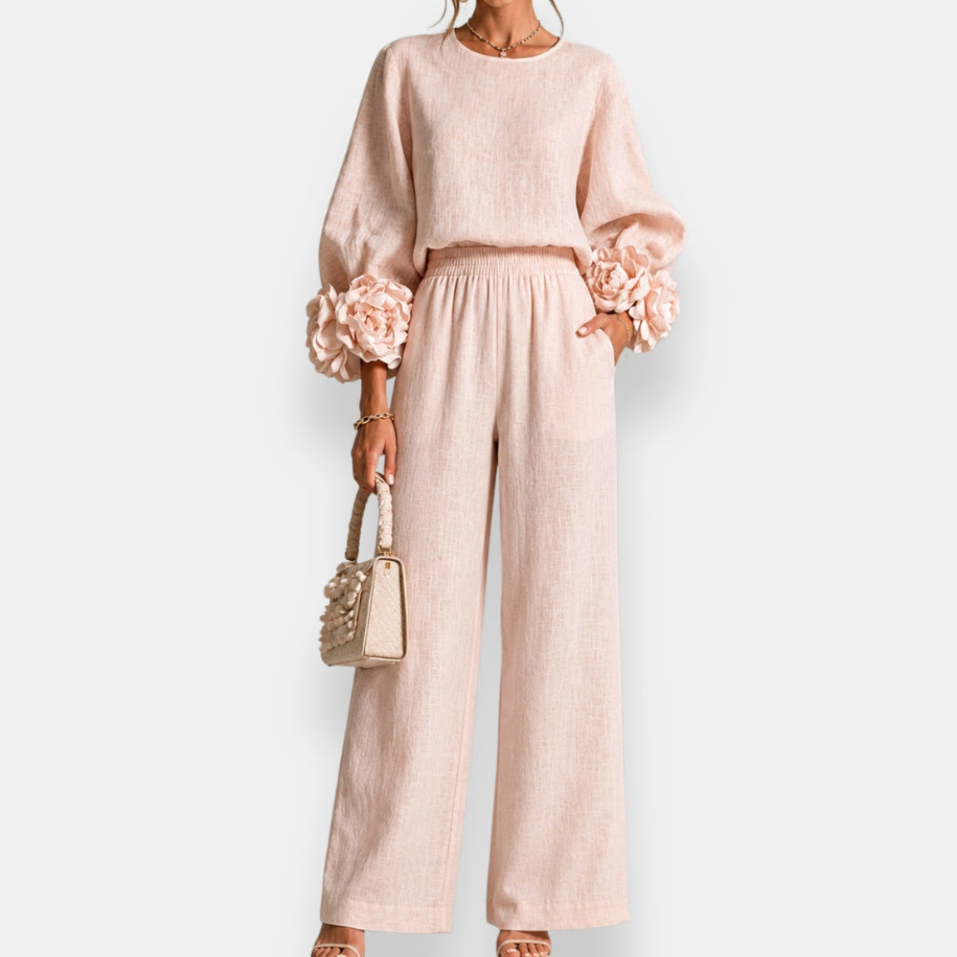 Penelope floral appliqué two-piece set in pink, full front view