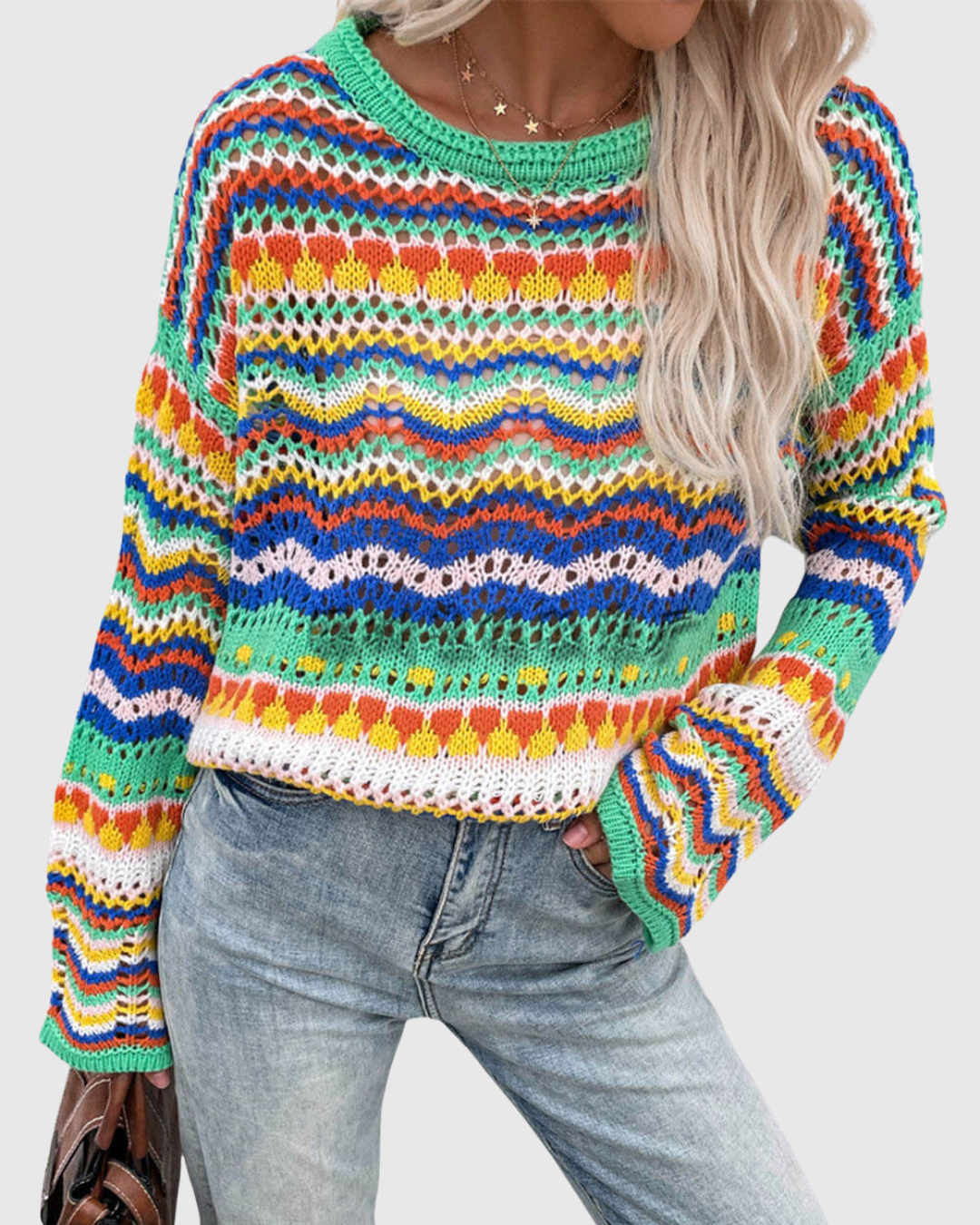 Corvella striped sweater in green multicolour, relaxed front view