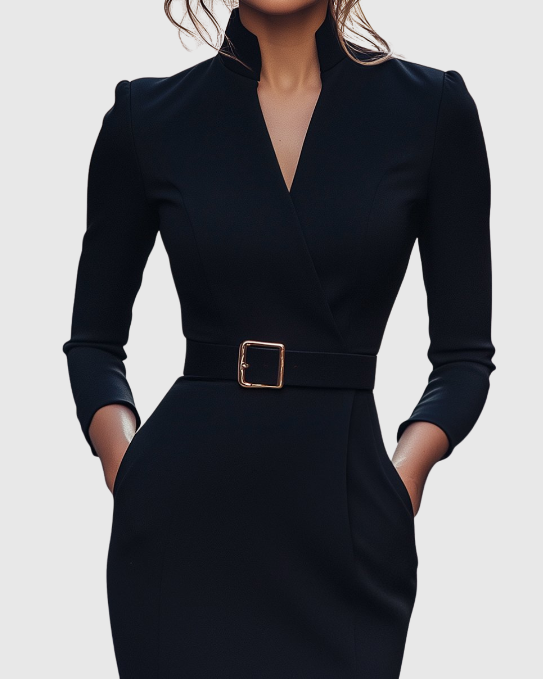 Claribel midi dress in navy, close-up of mock wrap neckline and belt