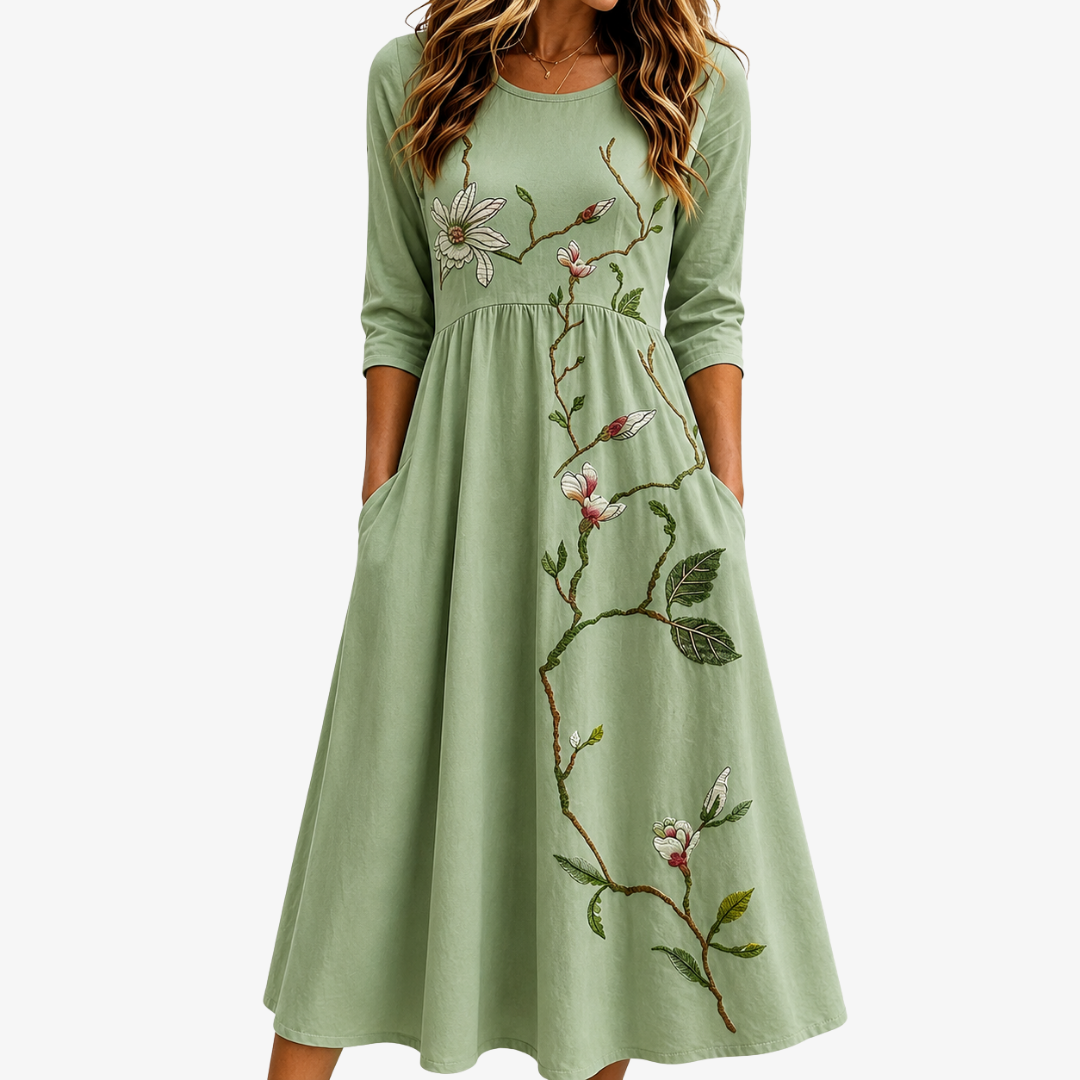 Willow Bloom sage midi dress with embroidered floral branch, front view