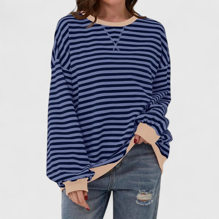 Olwyn everyday striped sweater in blue and navy with beige trim, front view