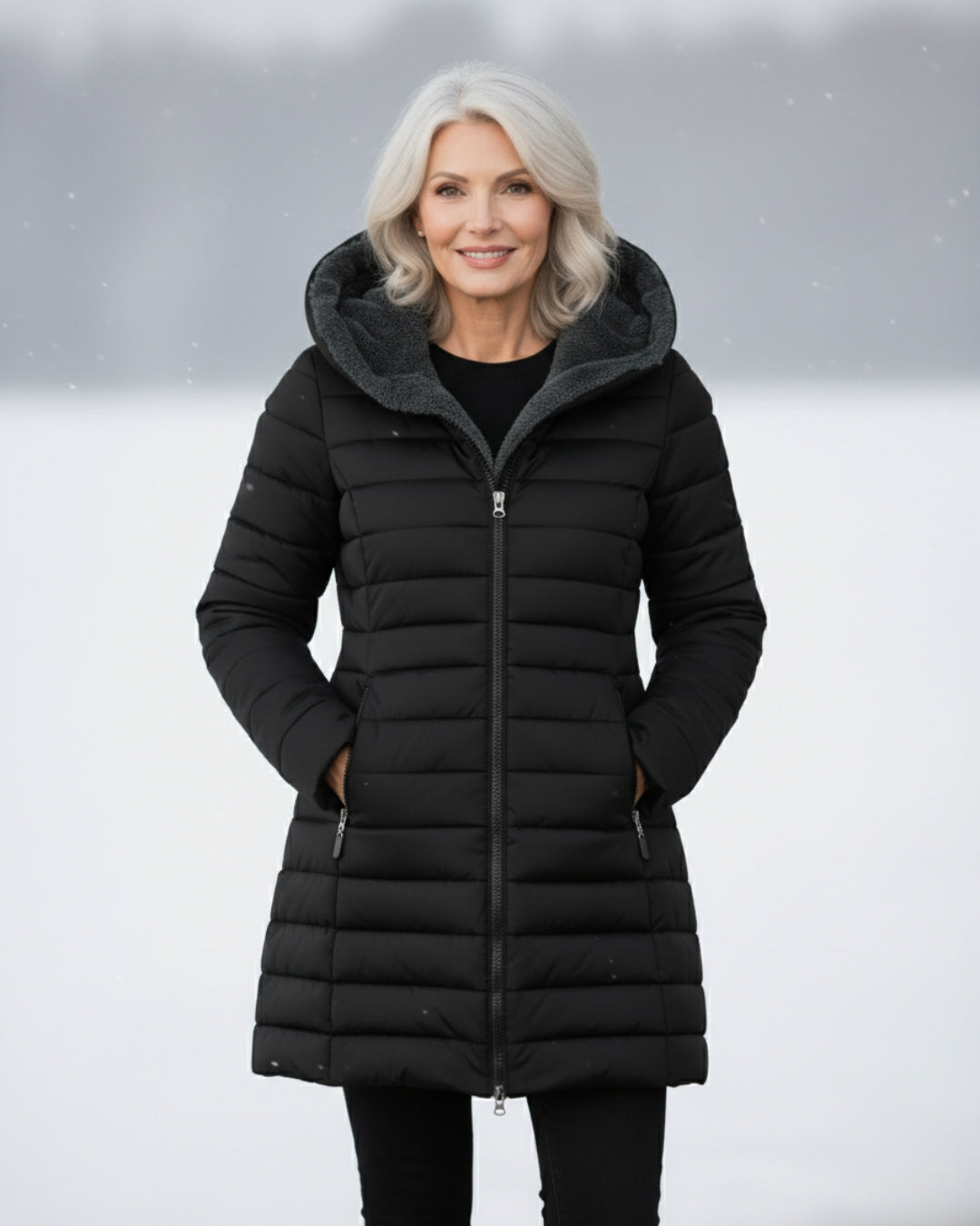 Harriet fleece lined puffer coat in black, full front view