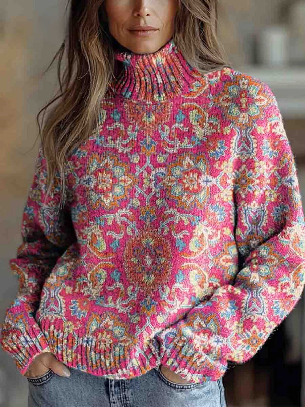 Sylpha sweater in pink multi-coloured floral knit, front view with jeans