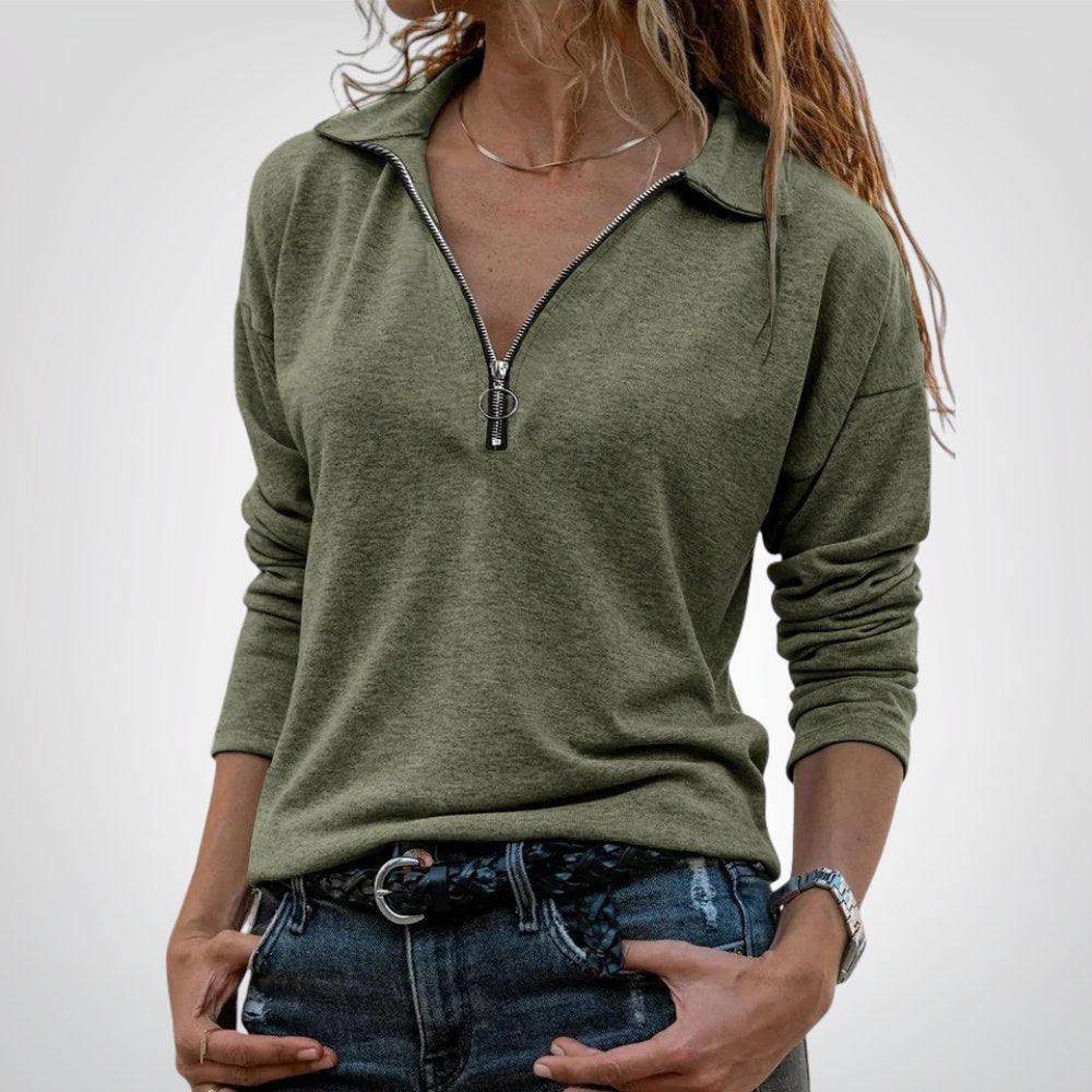 Jaylina half-zip collared top in army green, front view
