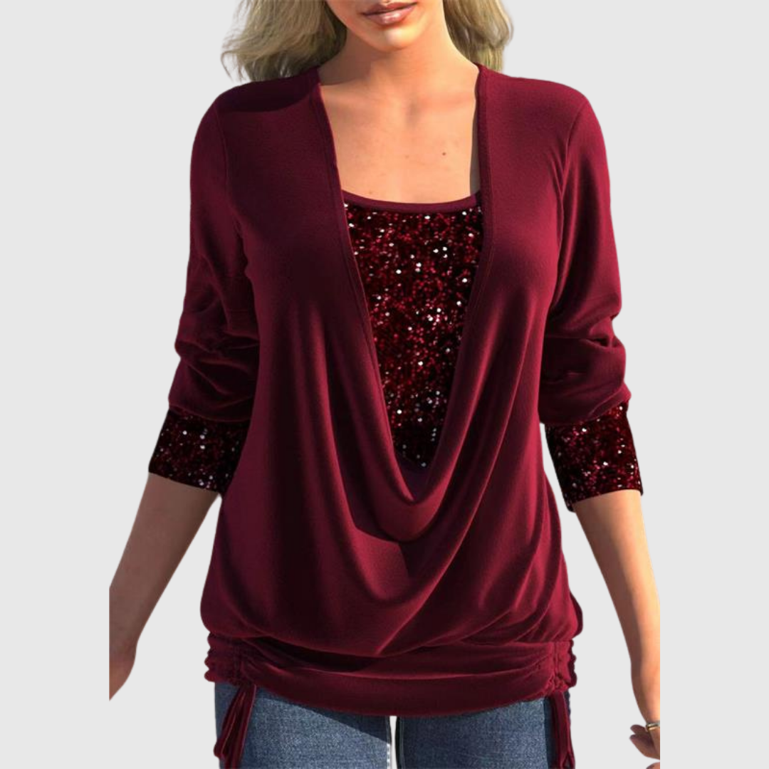 Odeline sequin layer blouse in red, front view with draped neckline
