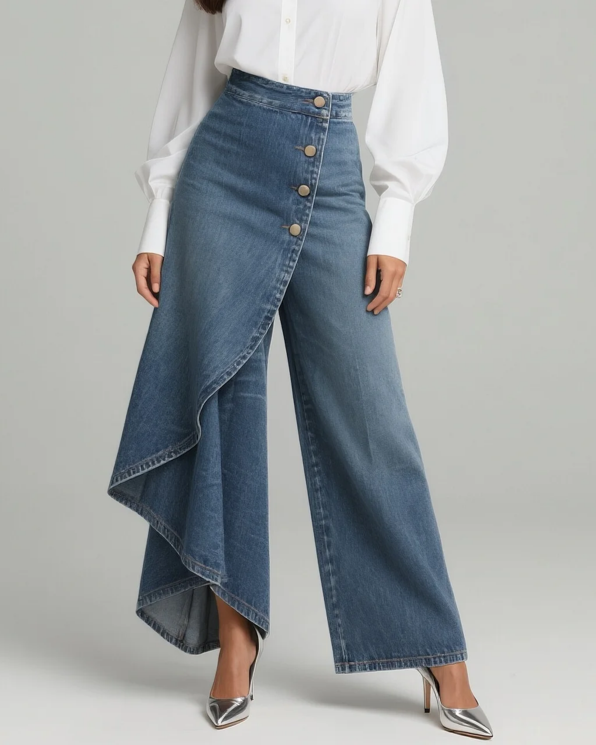 Audrey denim wrap trousers in light blue, front view with wrap panel