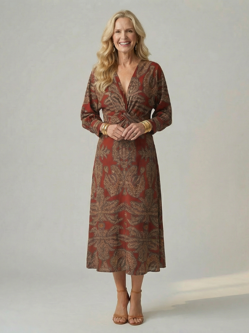 Hazel twist-front printed midi dress in rust brown, full-length front view