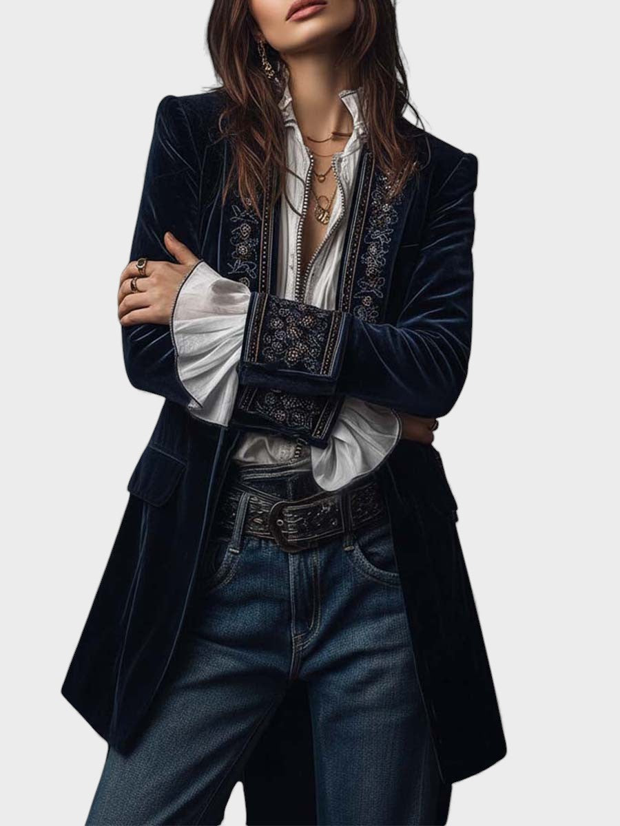 Nurie velvet blazer in navy blue, three-quarter front view with wide cuffs
