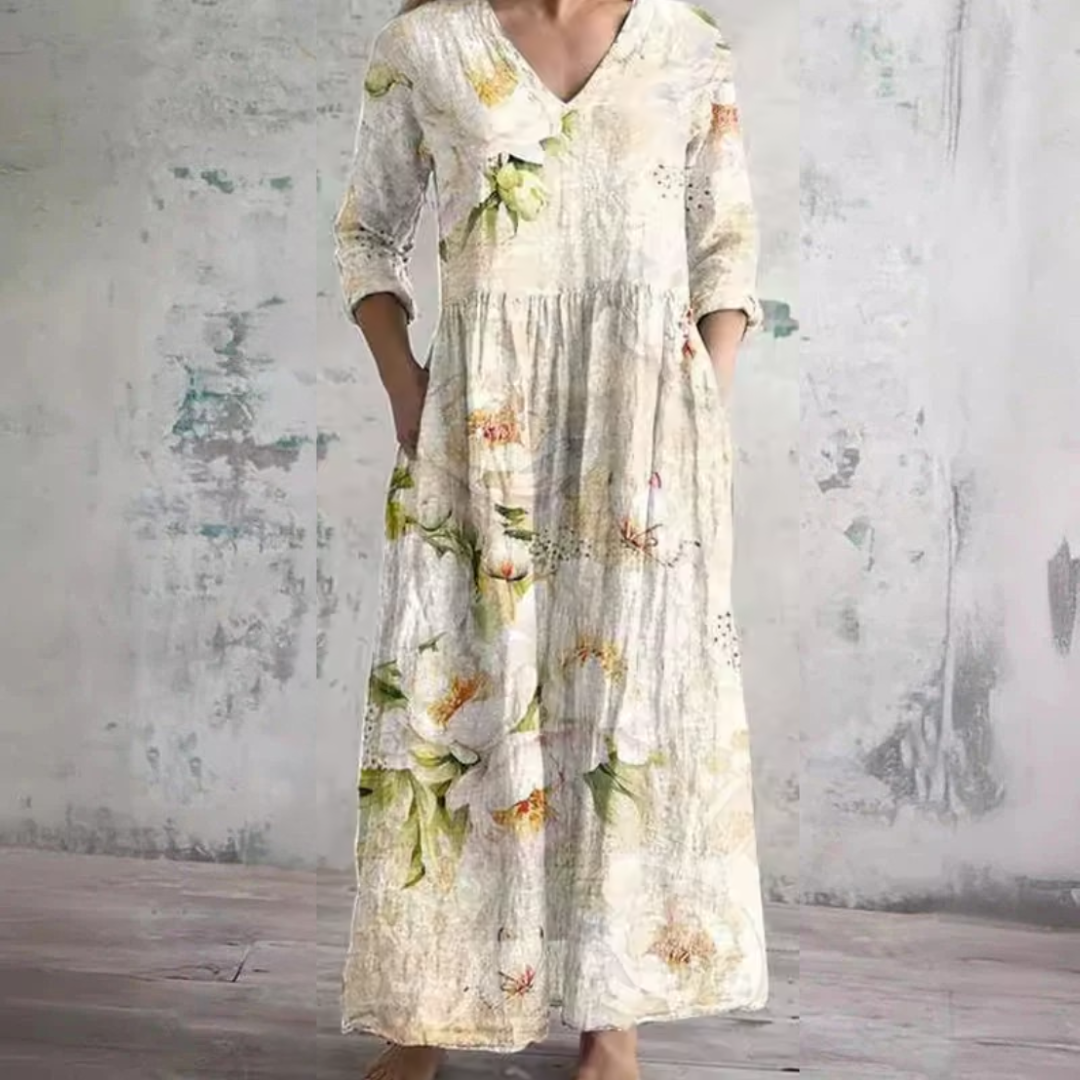 Anne floral maxi dress in beige, full-length front view