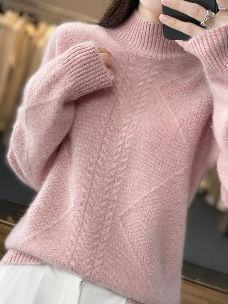 Vaesira cable-knit cashmere sweater in pink, front view with ribbed cuffs
