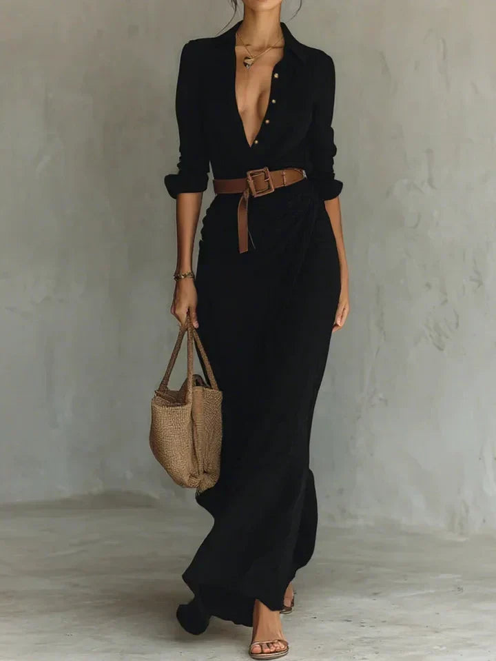 Una lapel-wrap maxi dress in black, full-length front view
