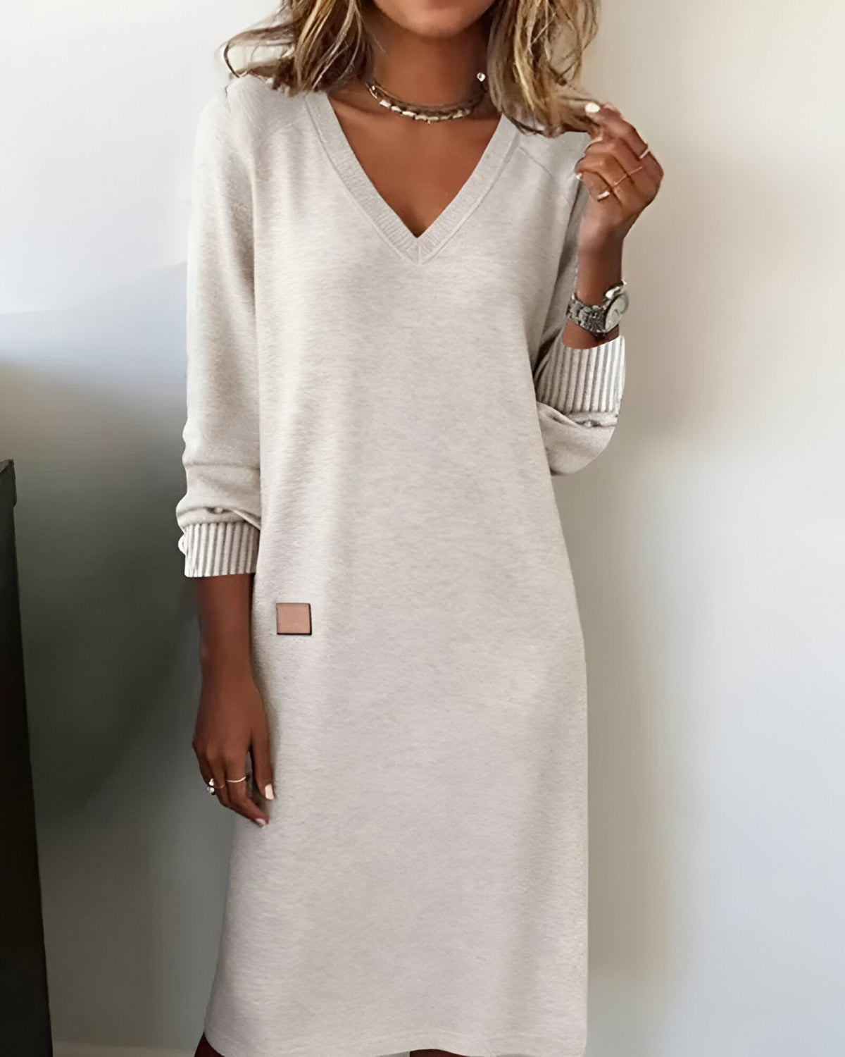 Joanna long-sleeve dress in white, front view on model