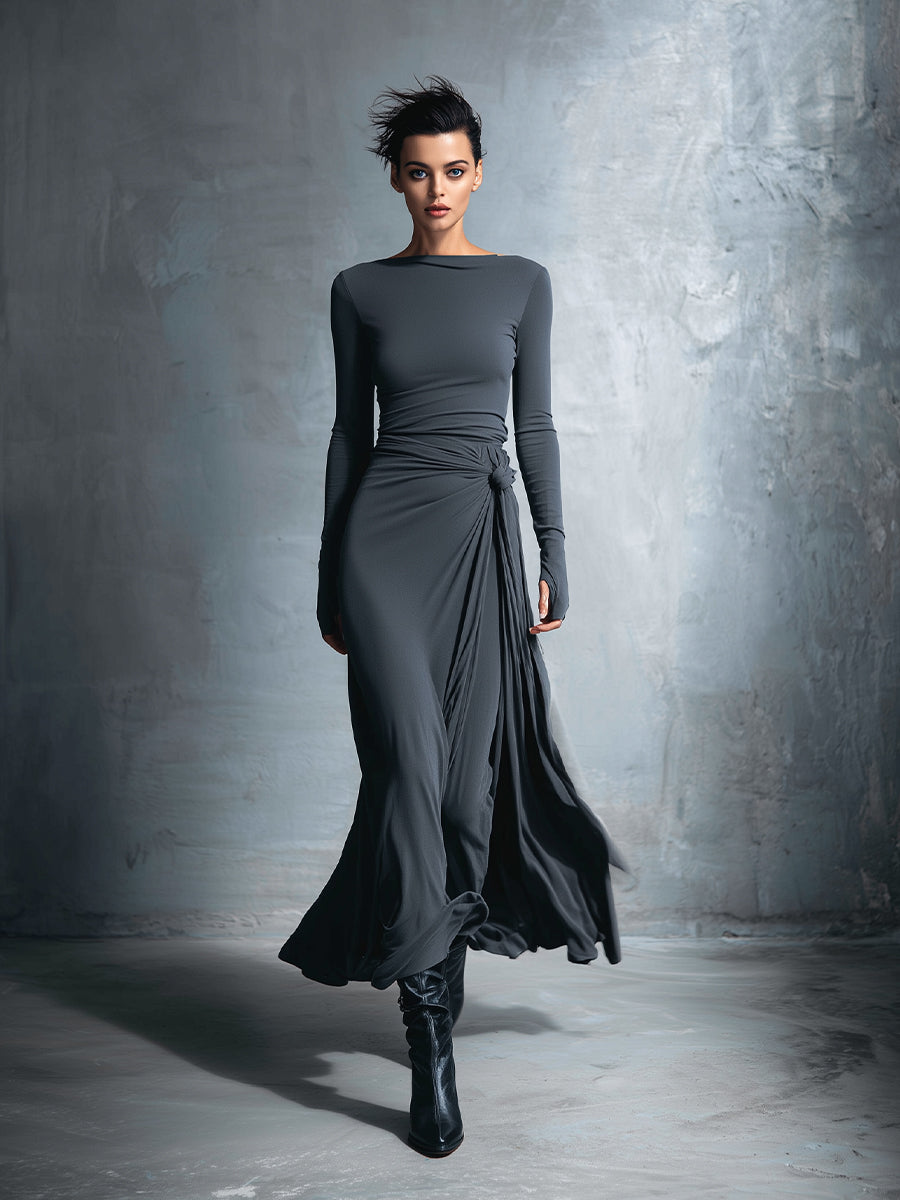Yasmina maxi dress in grey, full-length front view with side tie