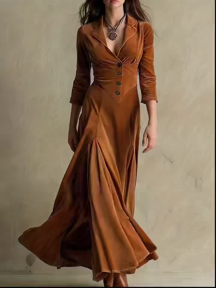 Elowenna collar dress in caramel brown, three-quarter front view