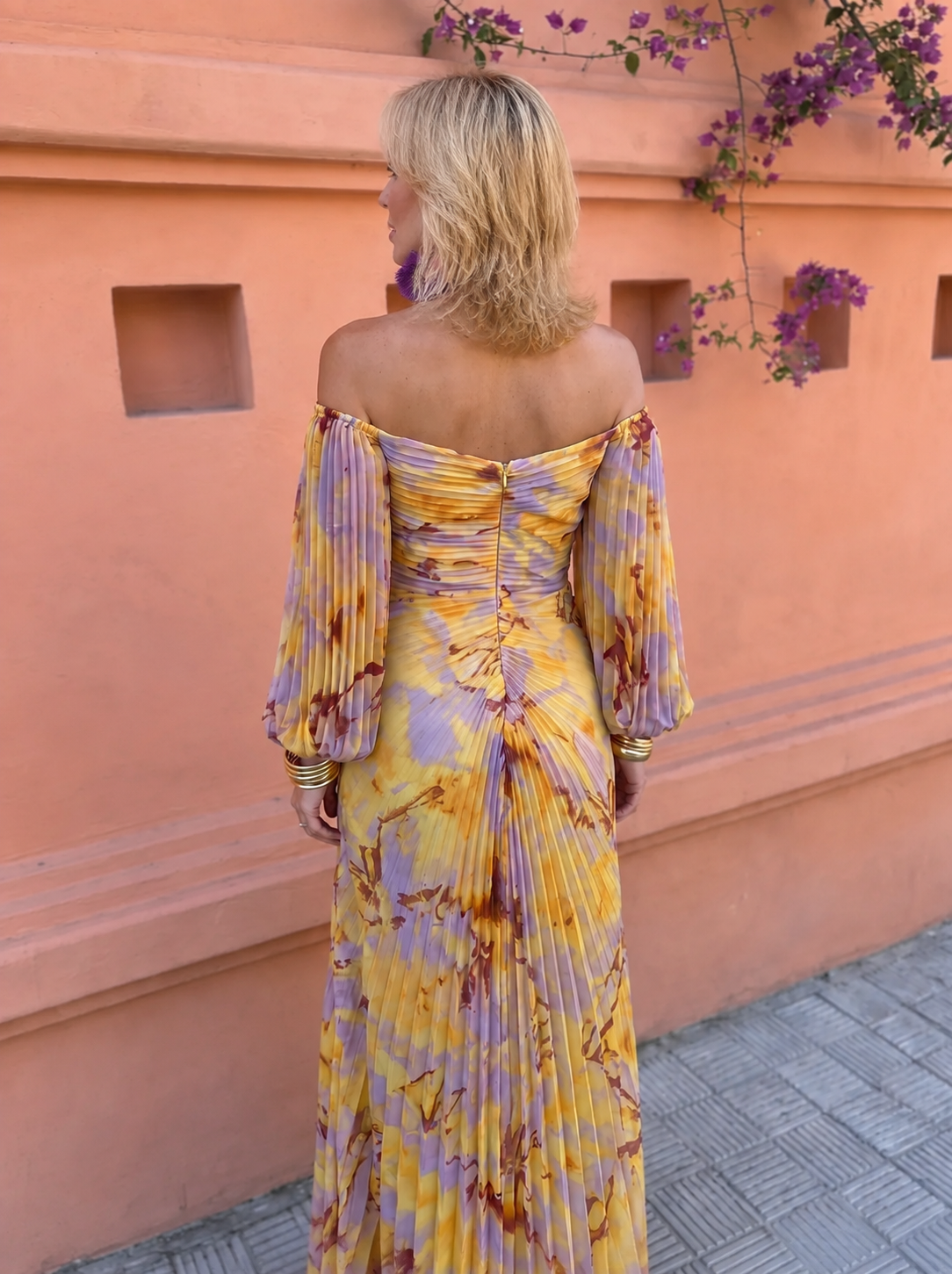 Greta dress in yellow, back view showing off-shoulder neckline