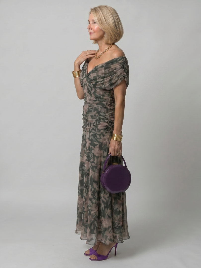 Calen off shoulder midi dress in dark green floral, side view