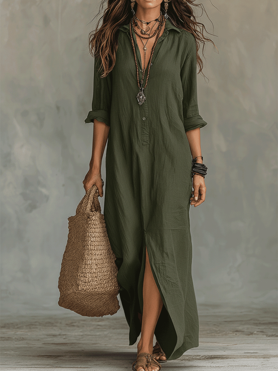 Timeless button maxi dress in green, full-length front view