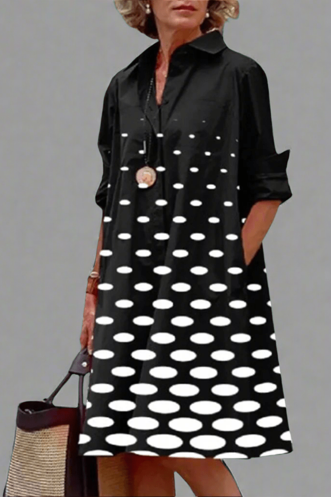 Estellea midi shirt dress in black with white polka dots, front view on model