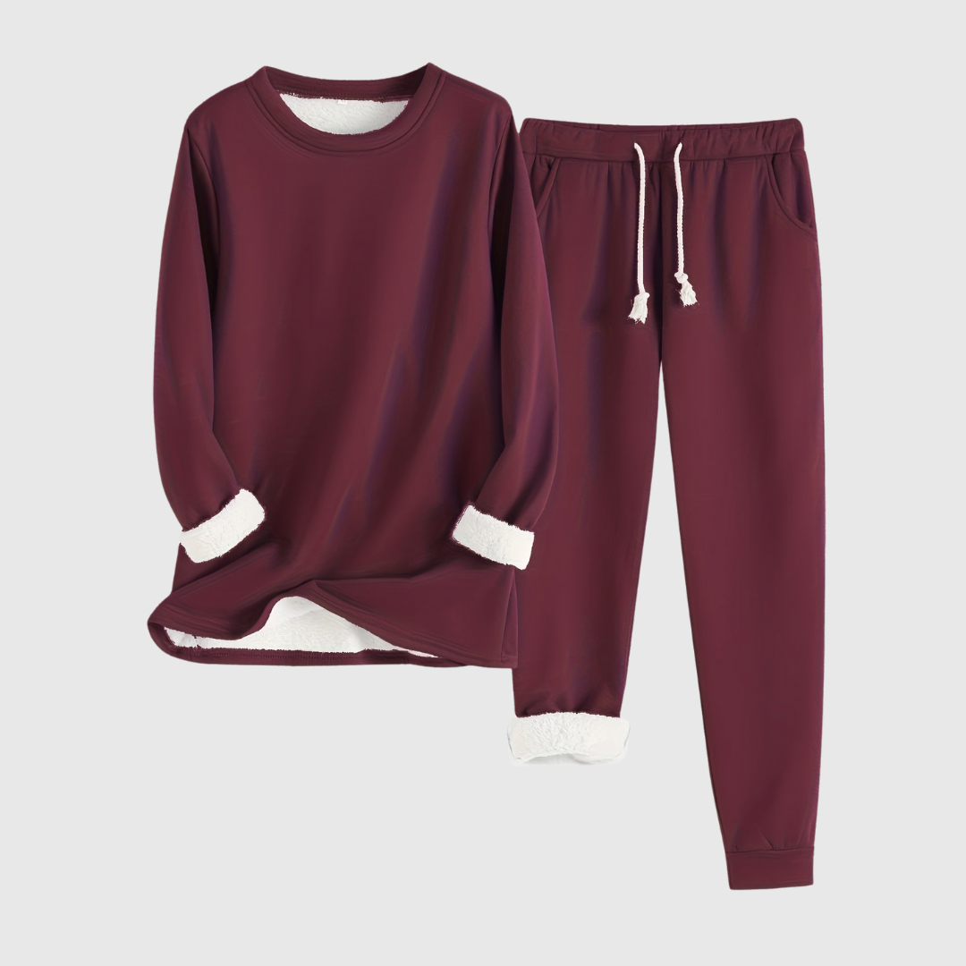 Elsy cosy relaxation set in bordeaux, long-sleeve top and drawstring joggers