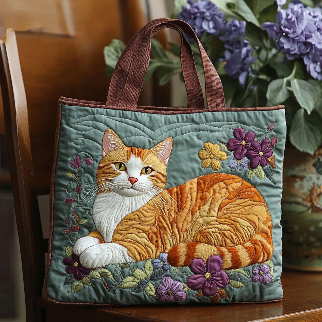 Handcrafted tote bag in sage green with ginger cat and purple flowers, front view