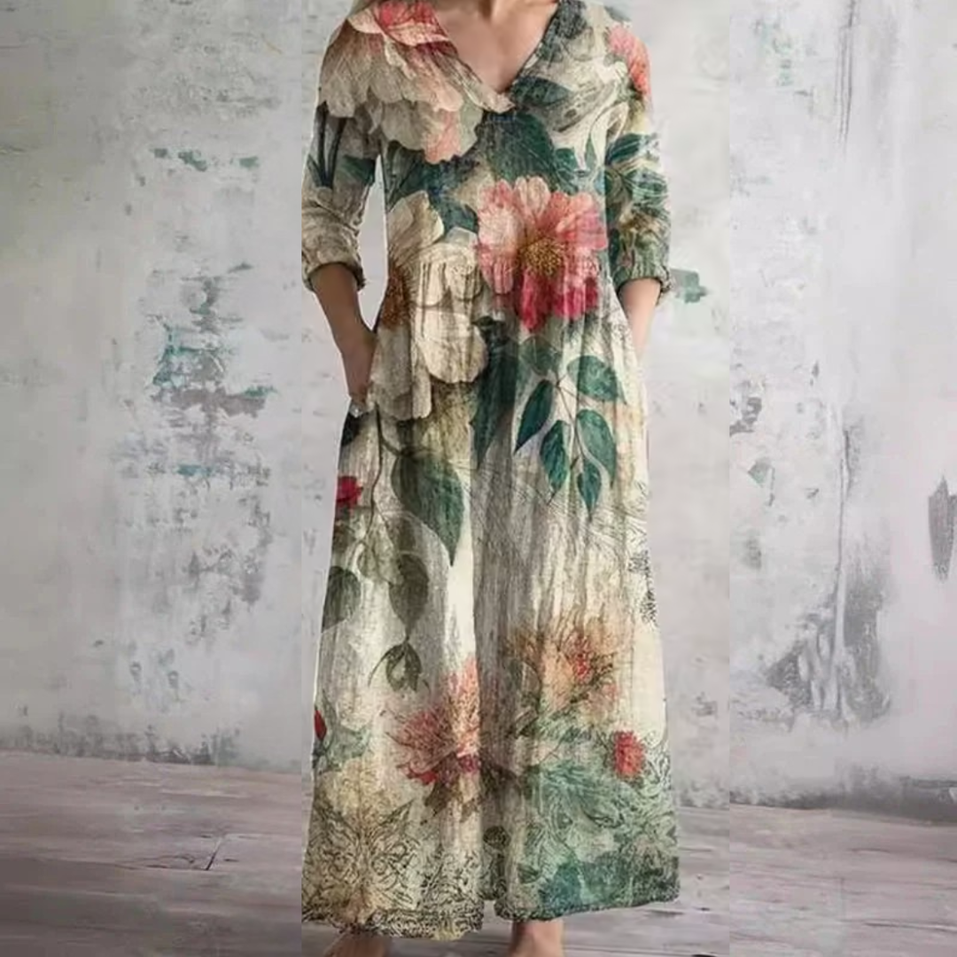 Tara floral summer maxi dress in cream multicolour print, full-length front view