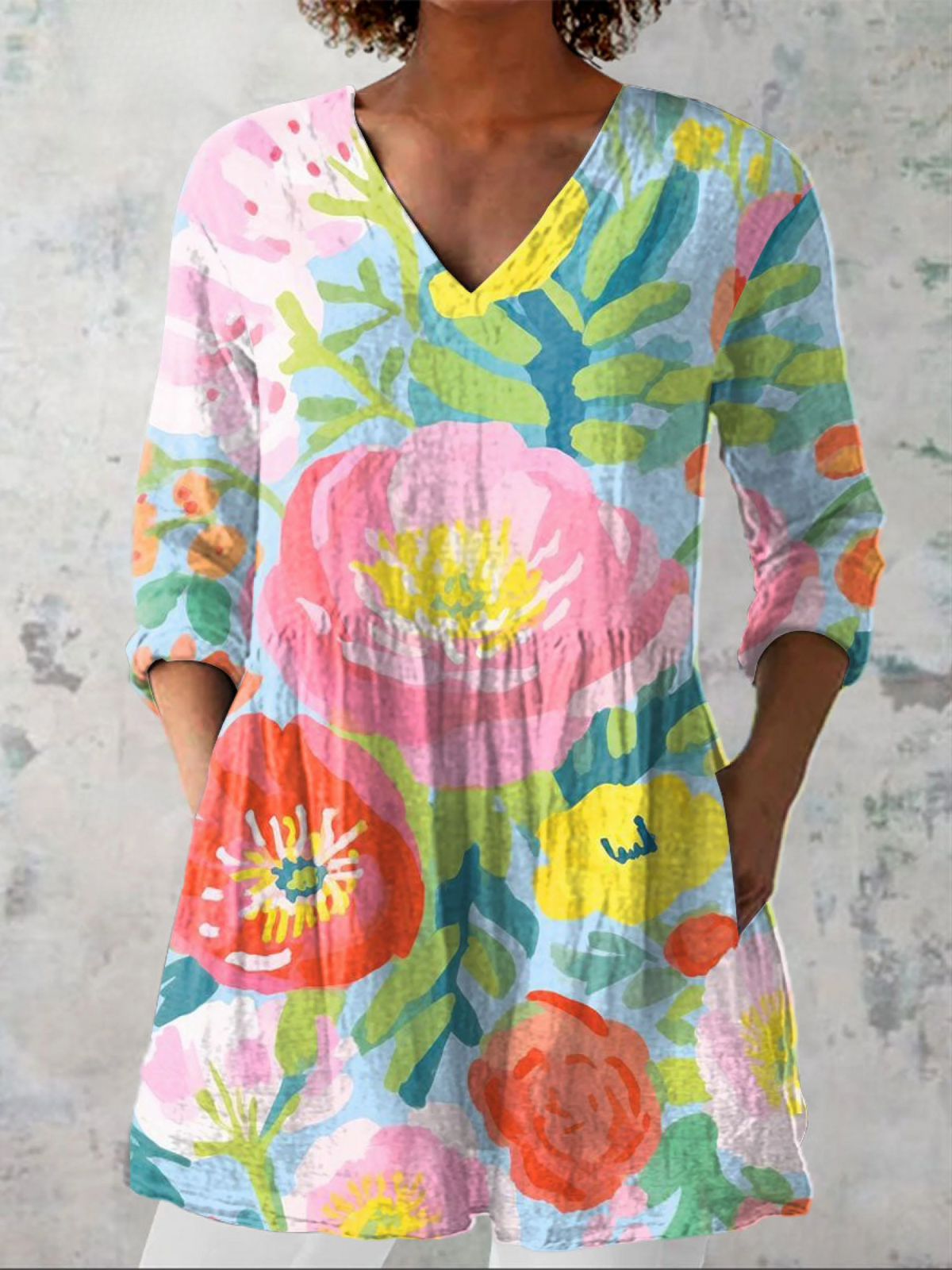Helene long V-neck blouse in multicoloured floral print, front view