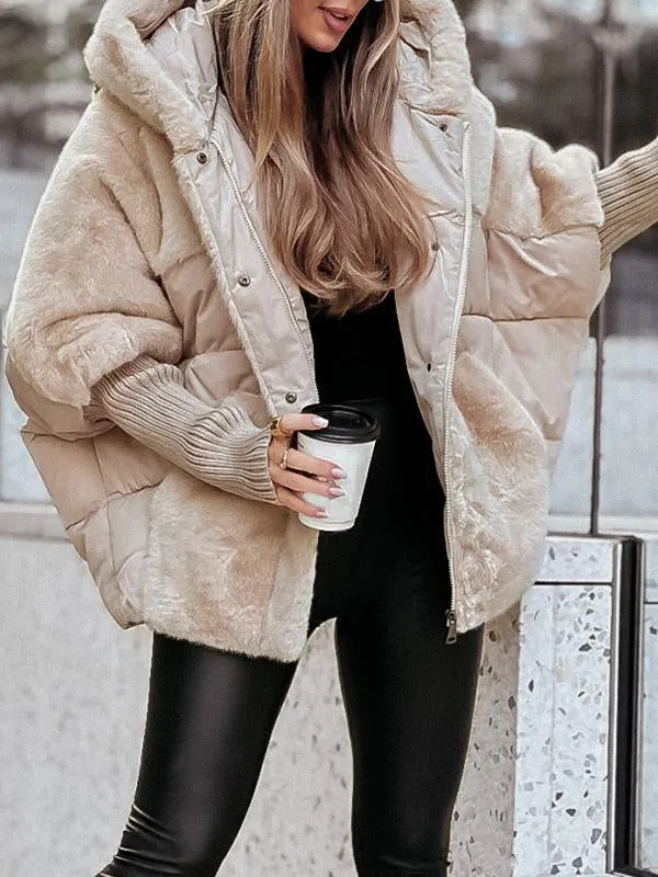 Elsie puffer jacket in beige, front view worn open