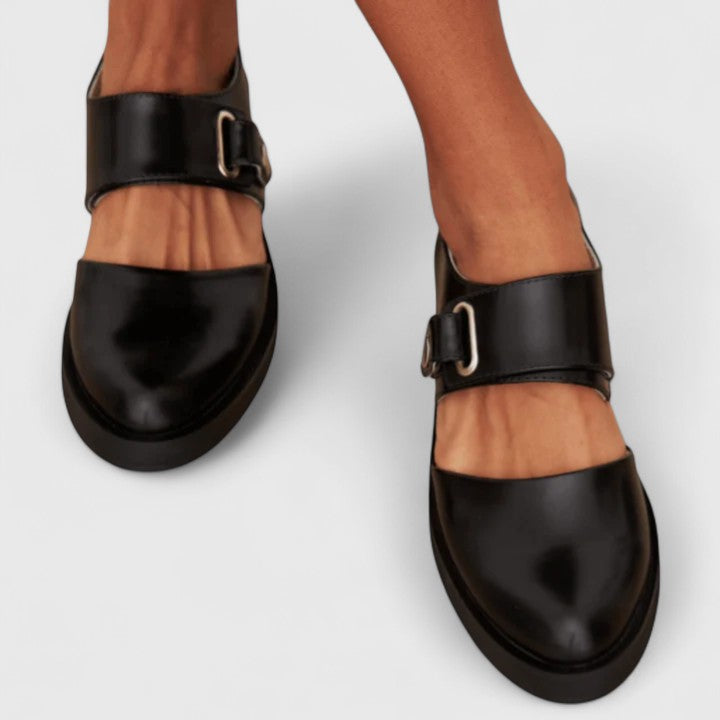 Isla black shoes, close-up of instep strap and silver buckle from above