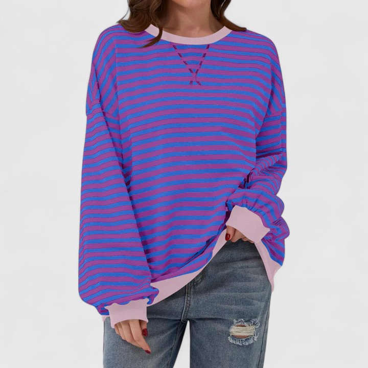 Olwyn everyday striped sweater in purple and blue with pink trim, front view
