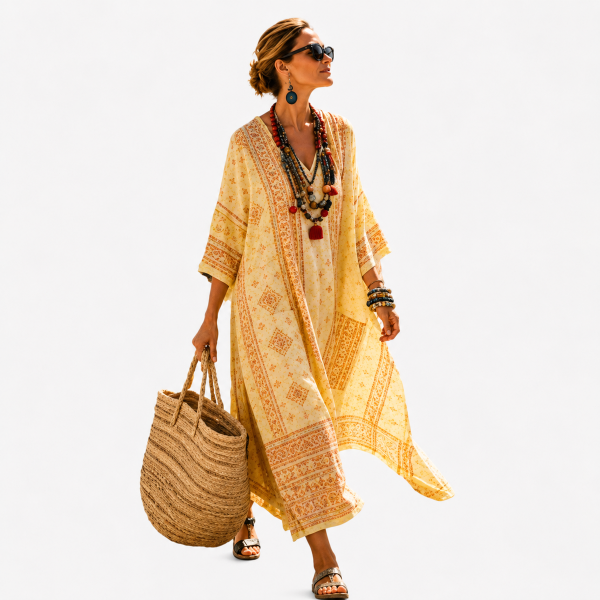 Long pale yellow tribal print kaftan with deep V-neckline, full-length front view