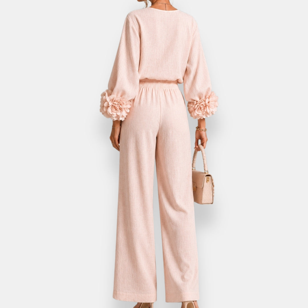 Penelope floral appliqué two-piece set in pink, back view