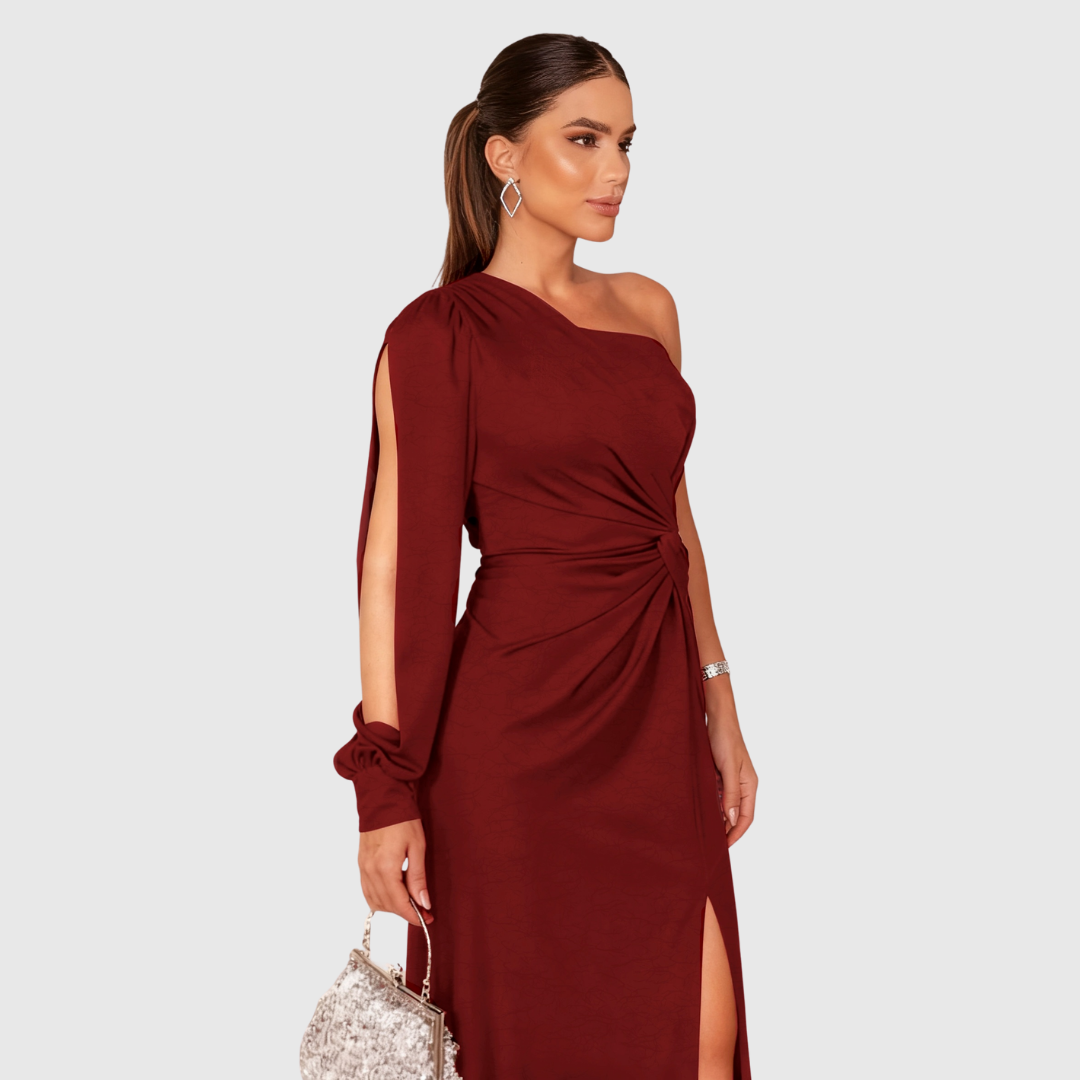 Charlotta evening gown in crimson red, twist-front waist detail