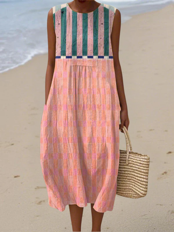 Lily striped pastel midi dress in multicolour, full-length front view