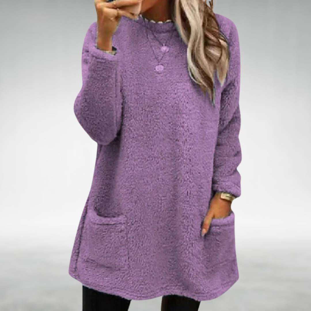 Odeline fleecy tunic pullover in purple, full front view