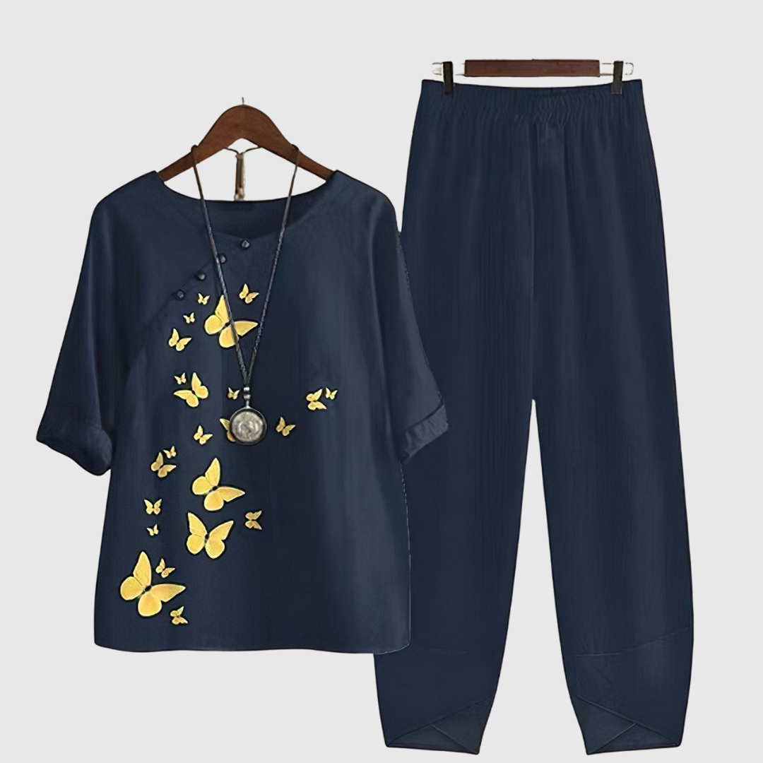 Clarisse two-piece set in navy with yellow butterfly print