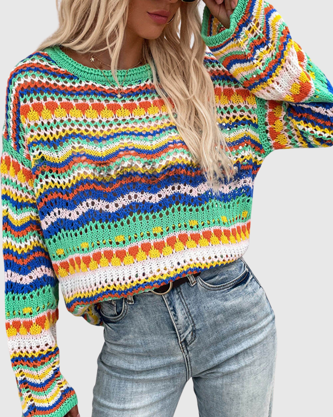 Corvella open-knit sweater in green multicolour, front view with jeans