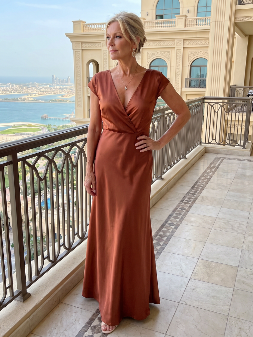 Samouse cap sleeve maxi dress in brown, full-length view outdoors
