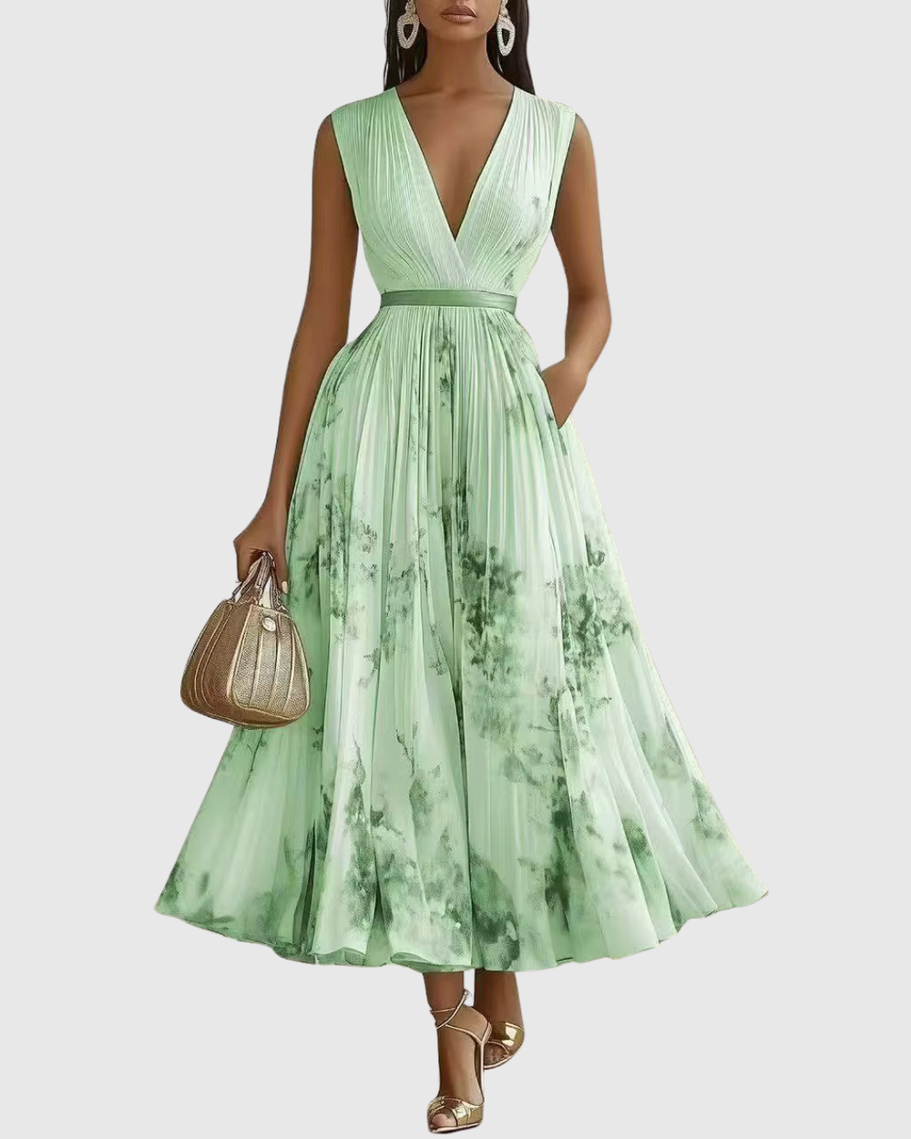 Rowella pleated maxi dress in green, full-length front view